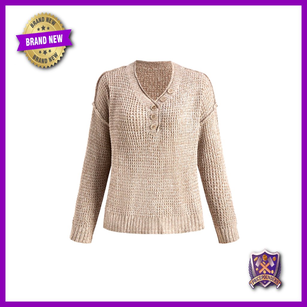 V-Neck Button Front Sweater Waffle Knit Pullover Long Sleeve Casual Top